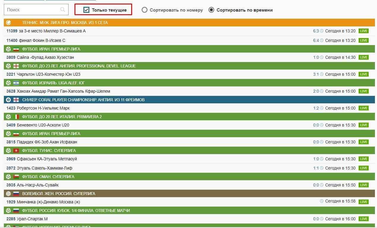 фильтрация прошедших событий на fonbet ru