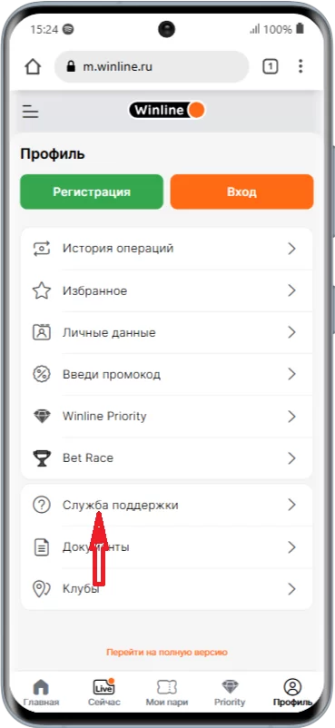 Связь со службой поддержки Winline через мобильный сайт