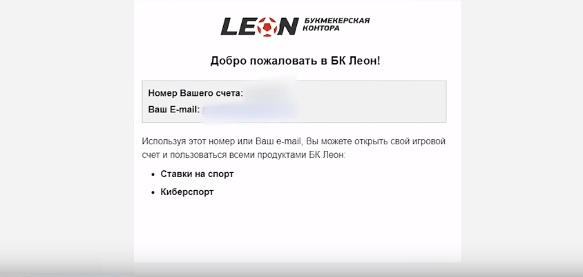 финал создания аккаунта в leon ru