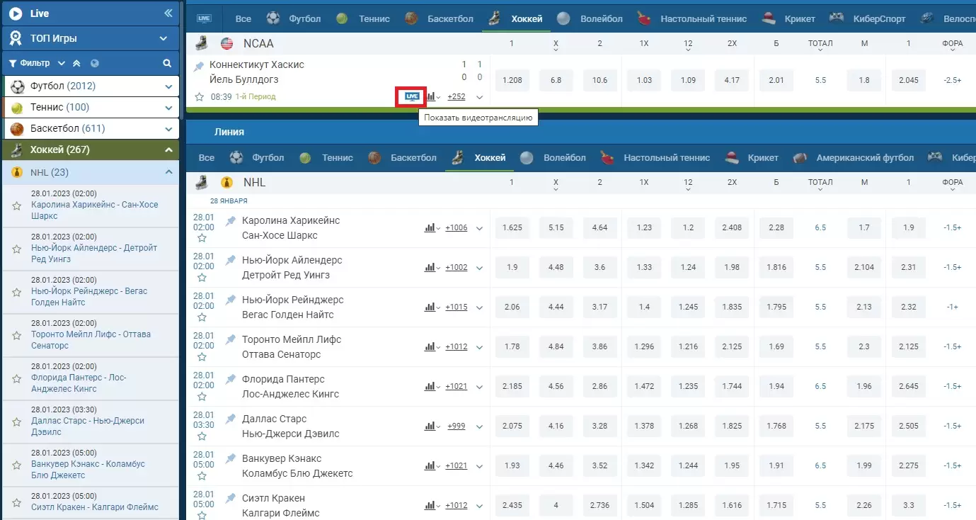трансляции КХЛ на сайтах БК