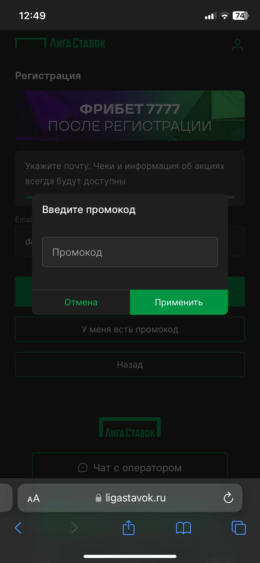 Окно для ввода промокода
