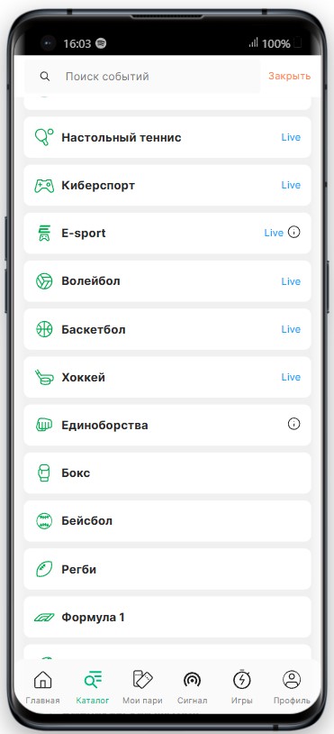 Линия в приложении Лига Ставок