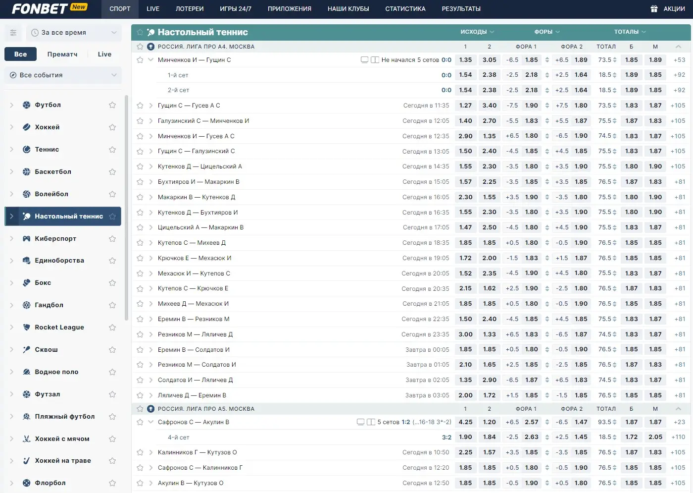 Настольный теннис в фонбет