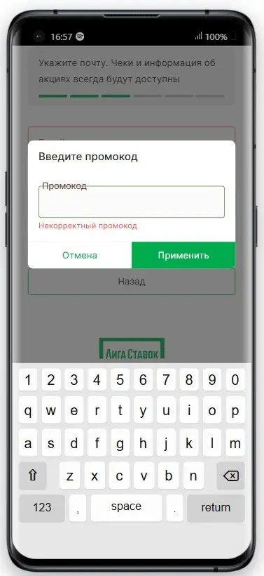 Окно для промокода на ligastavok