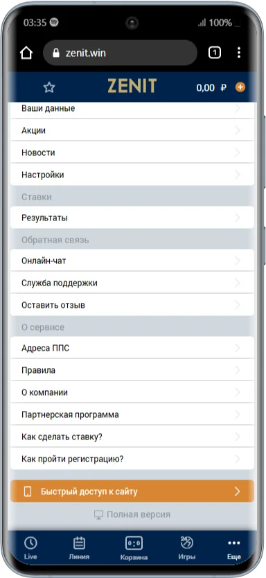 Как выглядит личный кабинет в мобильном приложении БК Зенит вин